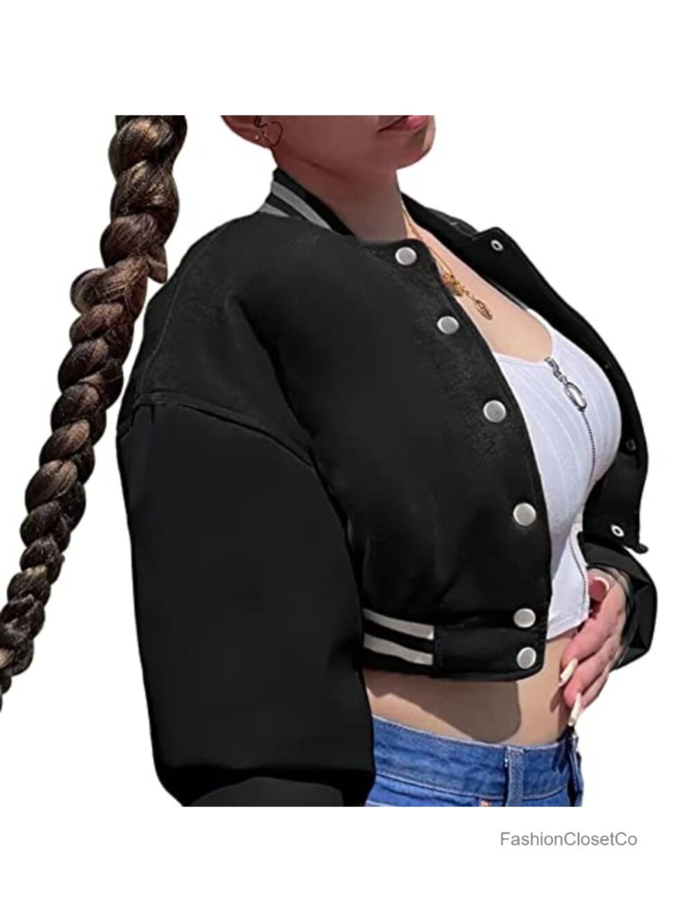 Cropped Varsity Jacket PU Leather Sleeves Color Block Baseball Style